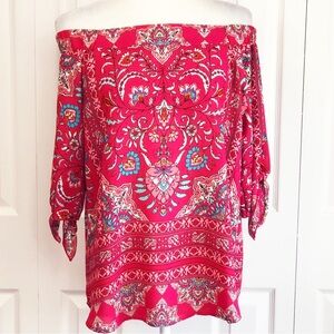 NWT Verse Fuchsia Pink Multi Print Boho Off Shoulder Top